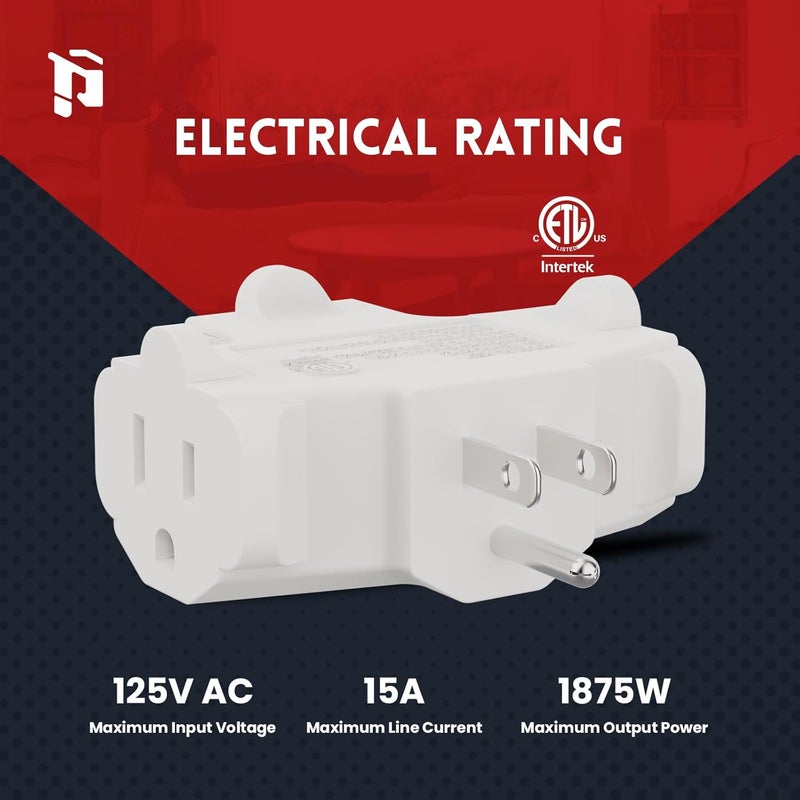 PLUGTUL 3 Way Plug Adapter, 3 Plug Wall Adapter, 3 Prong, Grounded, 15A, 1875W, Multiple Plug Expander for Home, Outdoor, ETL Listed, White, 3PACK - Image 2